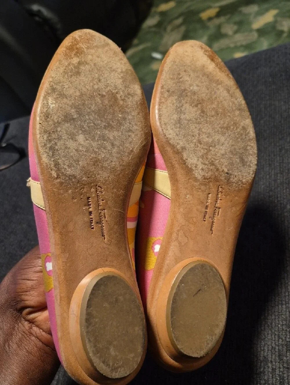 Salvatore Ferragamo Pink, Yellow & Orange Patterned Mary Jane Flats